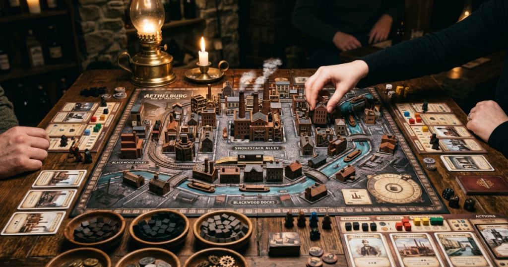 Ett brädspel med industritema där spelplattor, träbrickor och resursmarkörer ligger utspridda på ett spelbord.