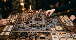 Ett brädspel med industritema där spelplattor, träbrickor och resursmarkörer ligger utspridda på ett spelbord.