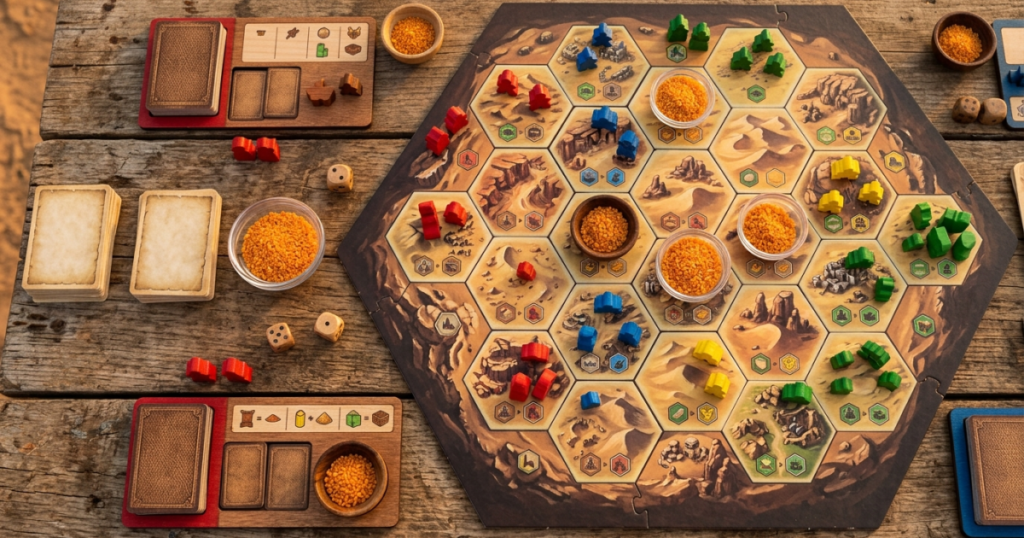 Ett brädspel om ökenplaneten Arrakis med träfigurer, kort och kryddmarkörer utspridda på ett spelbräde.
