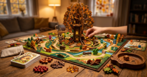 Ett brädspel med ett stort trädformat spelbräde omgivet av illustrerade djurkort och små träfigurer.
