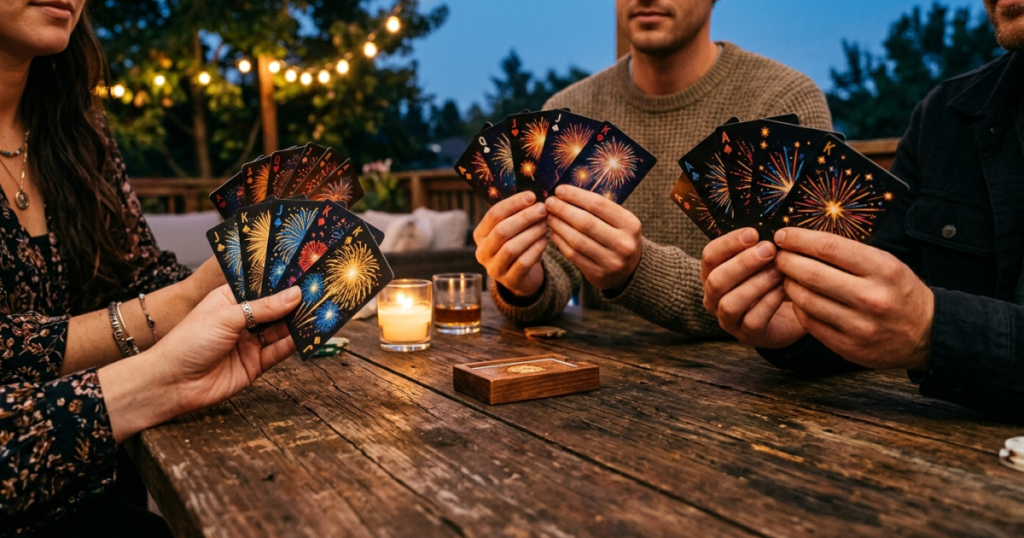 Personer håller upp färgglada spelkort vända utåt medan de spelar det samarbetsinriktade kortspelet Hanabi.