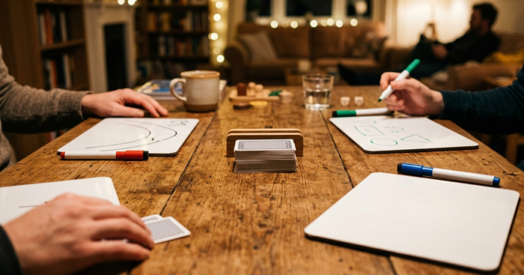 Flera små whiteboardtavlor med tuschpennor ligger utspridda runt en kortlek på ett träbord under ett parti Just One.