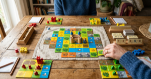 Dominoliknande landskapsbrickor läggs ut för att bilda ett litet kungarike i brädspelet Kingdomino.