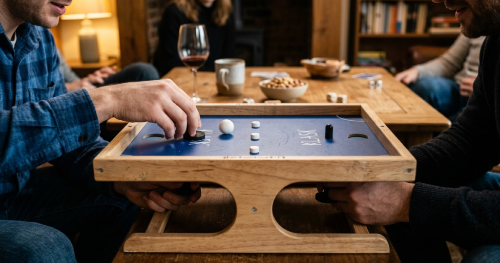 Två spelare styr magnetiska spelpjäser under ett litet spelbord medan en orange kula rör sig mellan hindren.