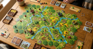 Ett brickläggningsspel med hexagonformade brickor som föreställer gårdar, slott och grönskande landskap.