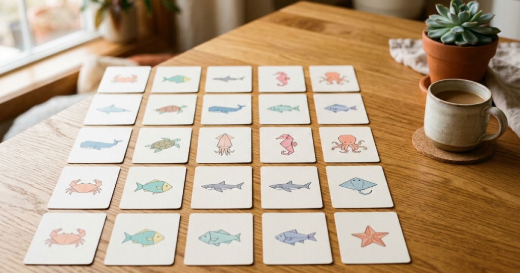 Kortspel med origamiillustrationer av havsdjur utlagda på ett träbord under en spelkväll.