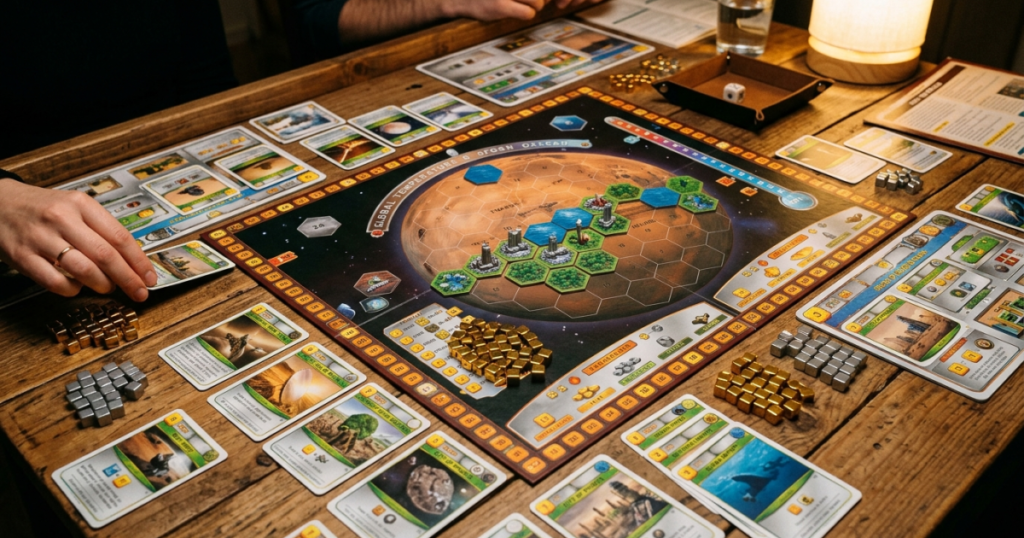 Ett brädspel om Mars med spelplan, brickor och kort utspridda på ett bord.