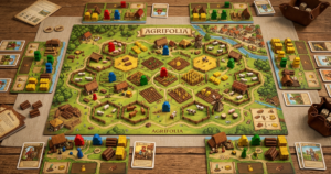 En brädspelsplanka föreställande en medeltida bondgård med trädjur, staket och åkrar i Agricola.