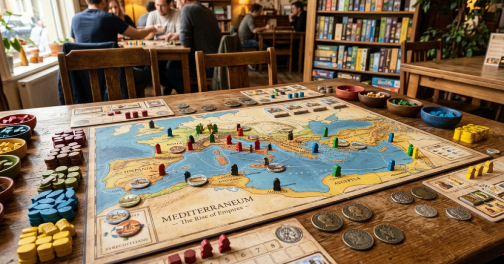 Ett brädspel med en Medelhavskarta, träfigurer och varubrickor i romersk stil utbrett på ett bord.
