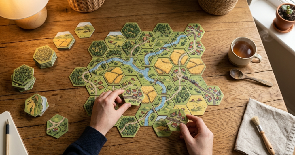 Hexagonala landskapsbrickor med skog, åkrar och flod läggs ut på ett bord i brädspelet Dorfromantik.