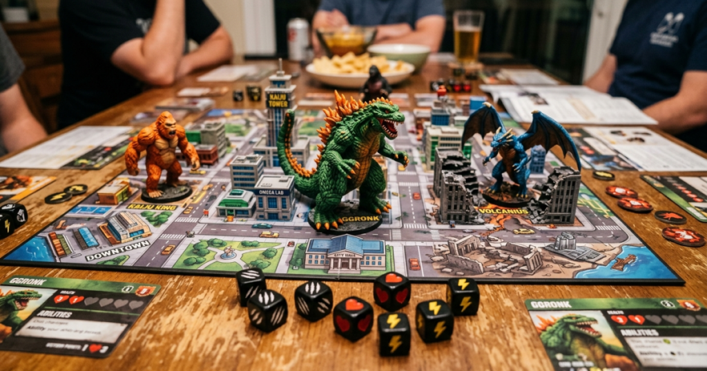 Monsterfigurer och specialtärningar uppställda på spelplanen i brädspelet King of Tokyo.