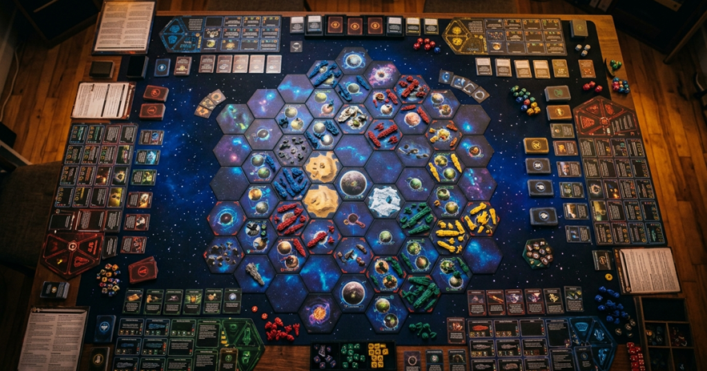 Ett stort uppdukat galaxbräde med hexagonbrickor, rymdskepp i plast och kortstaplar som visar omfattningen av ett parti Twilight Imperium.